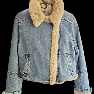 Hollister Faux Fur Lined Cropped Blue Denim Jacket Sz L